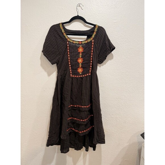 Free People Women Midi/High-Low Embroidered Dress Black With Pockets - Picture 1 of 6